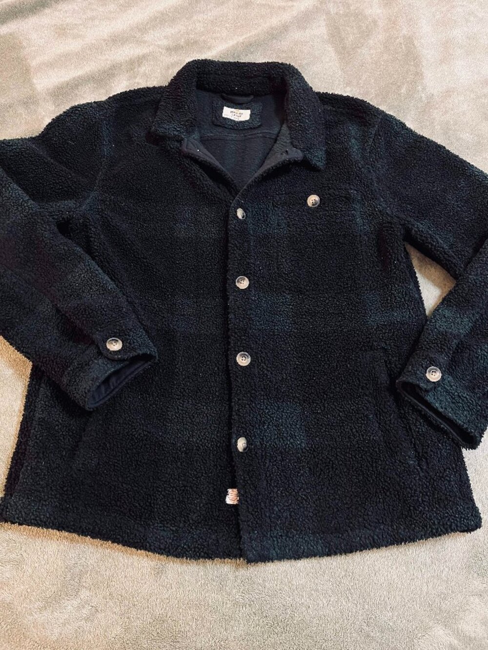 Marine Layer Shacket Sherpa Overshirt Men Med Green Black Plaid Jacket 16132